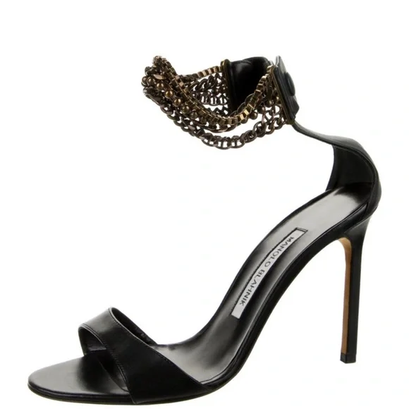 Manolo Blahnik Black and Gold Chain Stiletto Heels - Picture 2 of 5